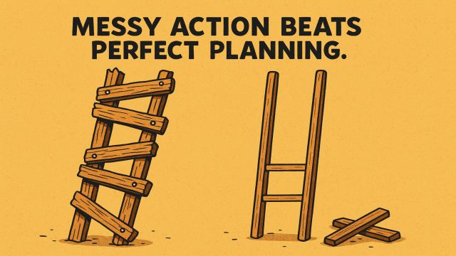 Zwei sehr unterschiedlich gebaute Leitern symbolisieren den Unterschied zwischen "einfach machen" und "planen bis zur Perfektion"