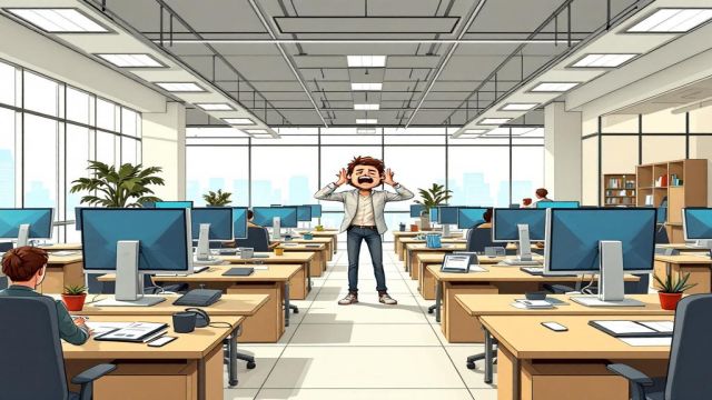 Ein verzweifelter Mensch steht in einem Großraumbüro